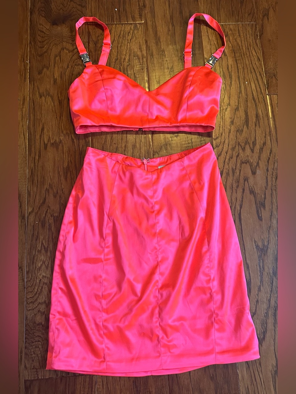 Oh Polly Hot Pink Satin Two-Piece Skirt Set